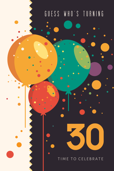 Vrolijke uitnodiging 30 jaar met ballonnen en confetti