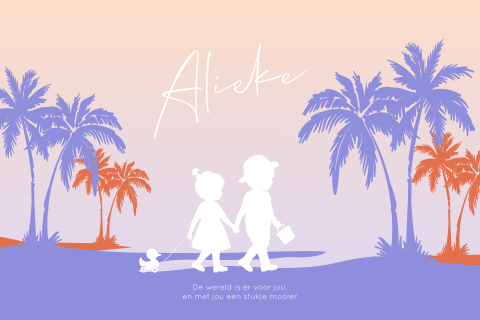 Kleurrijk zomers silhouet geboortekaartje voor een zusje