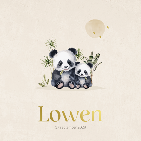 Panda geboortekaartje unisex met jungle bladeren en foliedruk