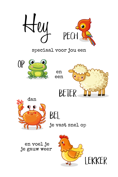 Beterschapskaart grappige tekeningen pechvogel, opkikker en kiplekker