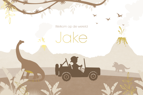 Goudfolie jongenskaartje met ronde hoeken, dino's, vulkanen en jeep