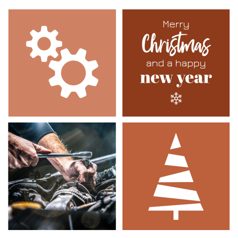 Zakelijke kerstkaart techniek met monteur en tandwielen