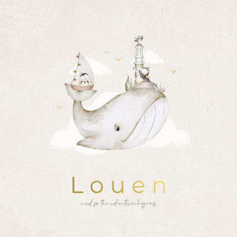 Luxe unisex geboortekaartje met walvis, pinguïn, vuurtoren en folie
