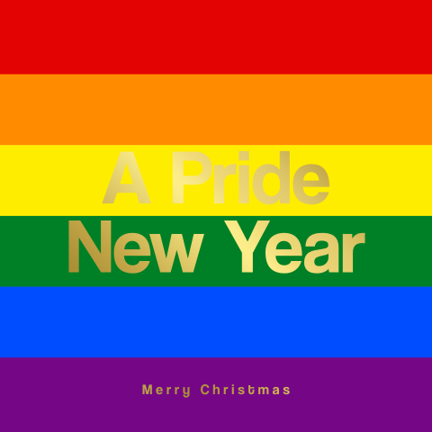 Pride kerstkaart met goudfolie en kleuren van de regenboogvlag