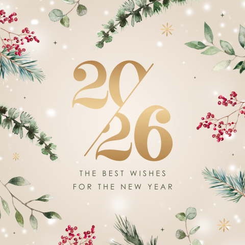 Kerstkaart zakelijk met jaartal 2026 en dennentakken