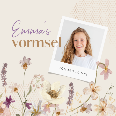 Uitnodiging vormsel met aquarel bloemen en foto
