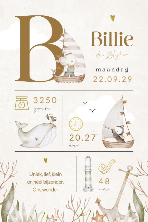 Unisex geboortekaartje voorletter, geboortegegevens, boot en zeedieren