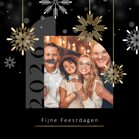 Goudlook zakelijke kerstkaart met ijskristallen en teamfoto