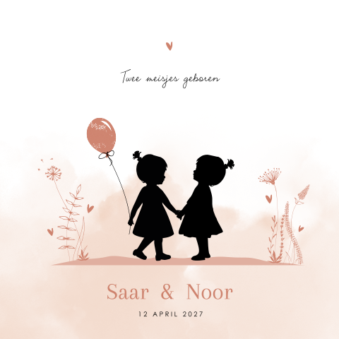 Silhouet tweeling geboortekaartje twee meisje met bloemen en hartjes
