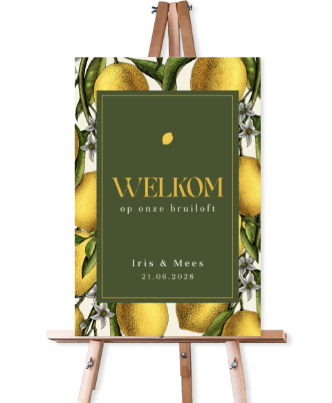 Bruiloft welkomstbord met citroenen
