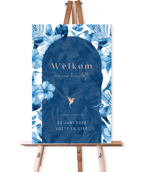 Delfts blauw welkomstbord met kolibries en bloemen