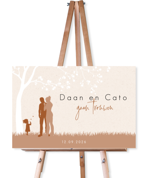 Welkomstbord bruiloft met silhouet gezin
