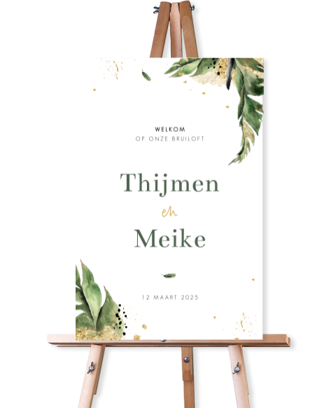 Botanisch bruiloftsbord met bladeren, hartjes en spetters