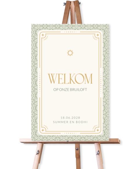 Bruiloft boho welkomstbord met mediterraans patroon