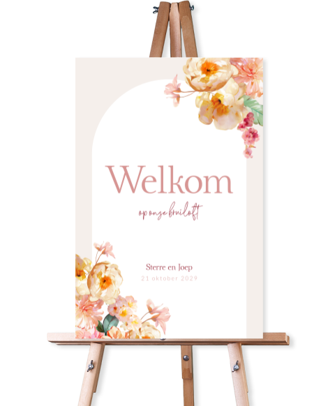 Bruiloft welkomstbord met romantische aquarel bloemen