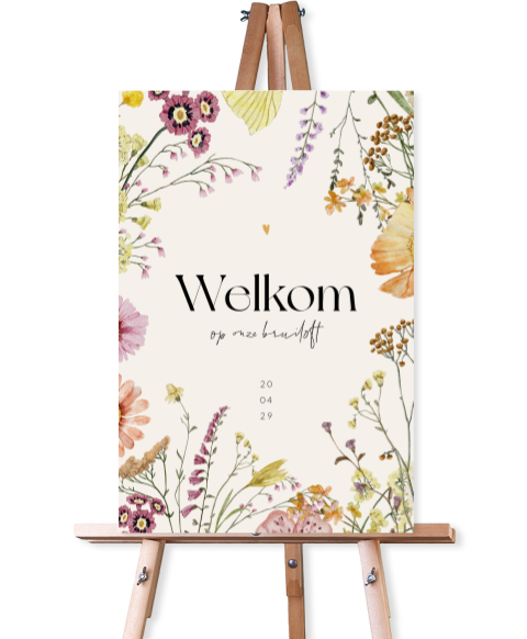 Kleurrijk welkomstbord met veldbloemen voor een bruiloft