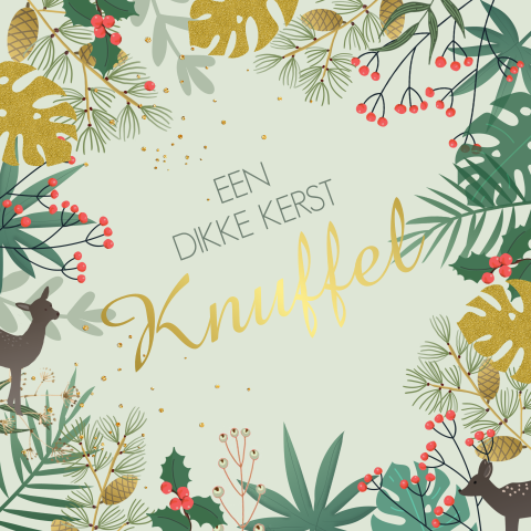 Getekende goudfolie kerstkaart met takjes en hertjes