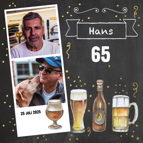 Stoere uitnodiging 65 jaar man met biertjes