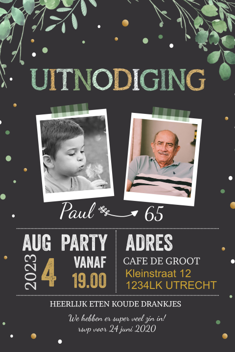 Uitnodigingskaart met foto's, confetti en takjes