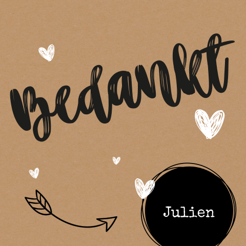 Stoere communie bedankkaart met kraftlook en hartjes