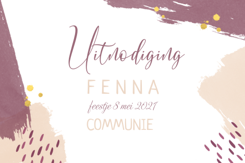 Vrolijke communiekart met roze en paarse verf