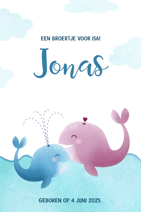 Geboortekaartje met walvisjes en wolkjes
