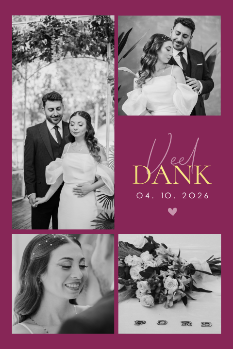 Bedankkaart met foto's, goudfolie op donkerfuchsia