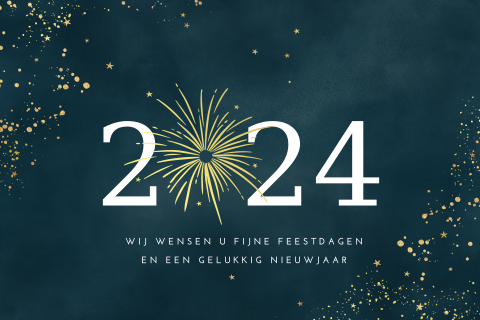 Liggende zakelijke kerstkaart met vuurwerk en goudfolie
