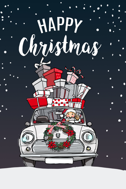Illustratieve kerstkaart met auto vol kado's