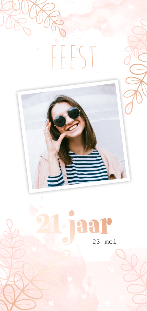 Hippe uitnodiging 21e verjaardag met roségoudfolie takjes en foto