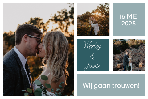 Hippe foto trouwkaart met blauwgrijze blokken