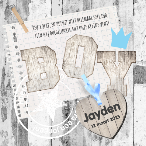 Stoere geboortekaart met houten letters boy