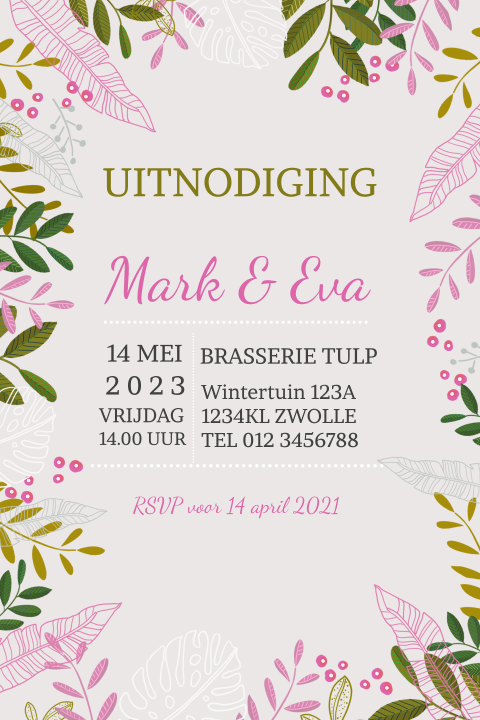 Stijlvolle uitnodiging jubileum met takjes en bladeren
