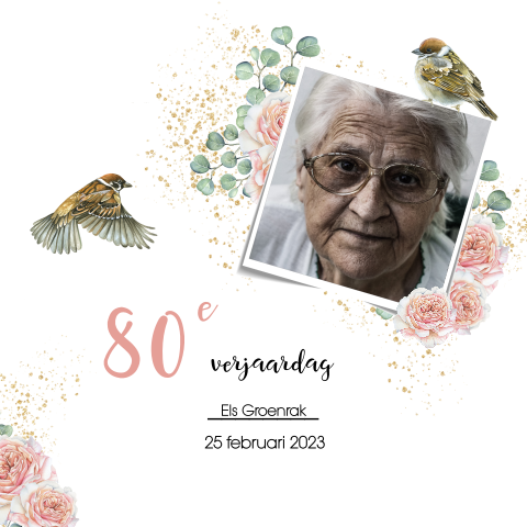 Getekende verjaardagskaart 80 jaar met vogels en bloemen