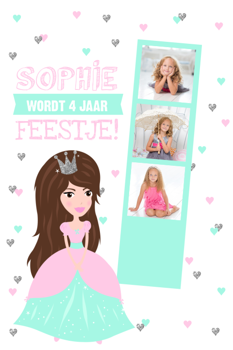 Uitnodiging verjaardagsfeestje met prinses en polaroid foto