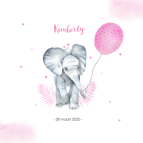 Lief geboortekaartje voor een meisje met olifantje en ballon