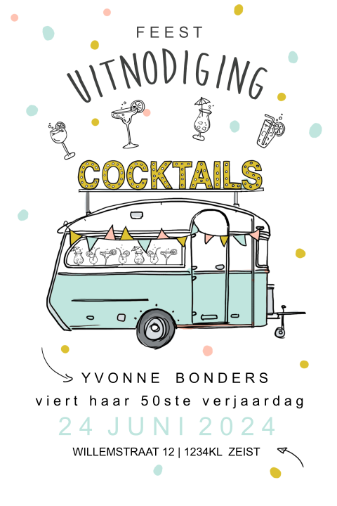 Vrolijke verjaardagsuitnodiging 50 jaar met tekening caravan