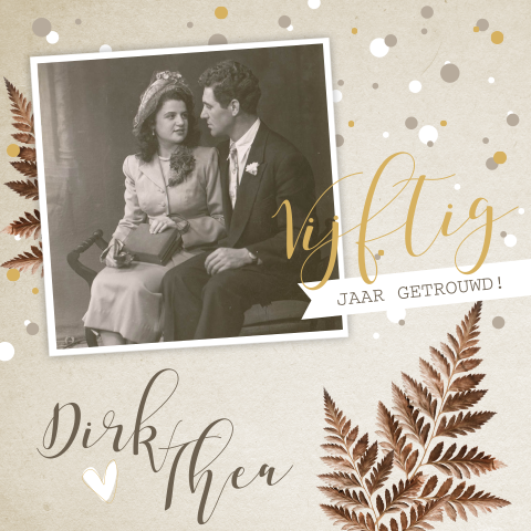 Vintage jubileumkaart 50 jaar getrouwd met confetti en takjes