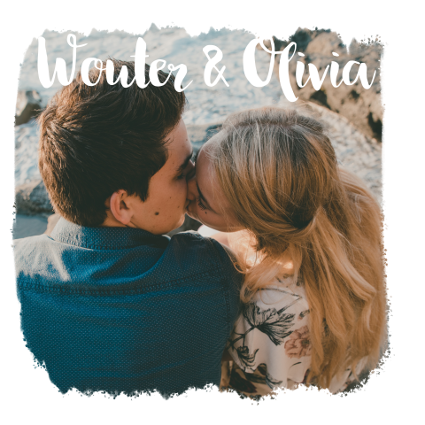 Hippe trouwkaart met foto en stoer wit kader