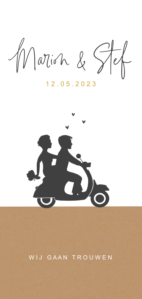 Trouwkaart met silhouet Vespa scooter en bruidspaar