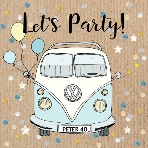 Uitnodigingskaart met een getekend volkswagenbusje