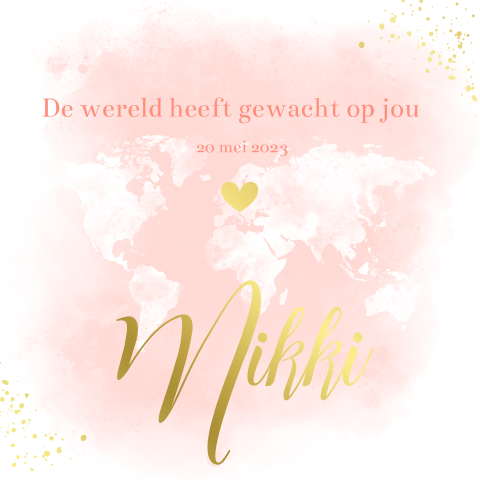 Goudfolie geboortekaartje met wereldkaart en waterverf