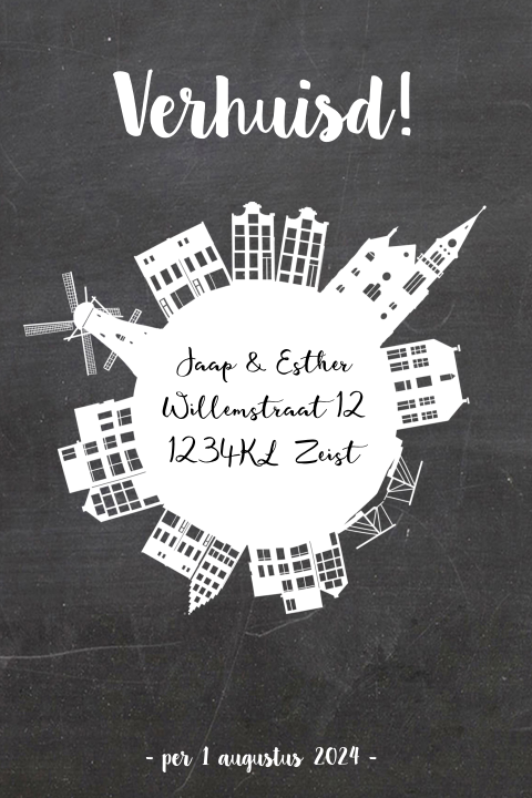 Stoere verhuiskaart met huisjes en molen op krijtbord