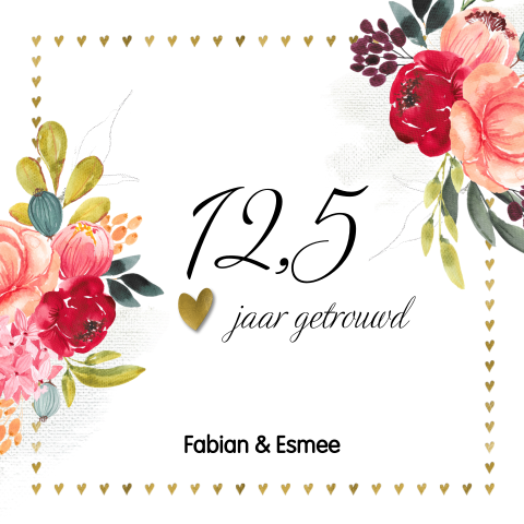 Stijlvolle uitnodiging jubileum 12,5 jaar getrouwd met bloemen