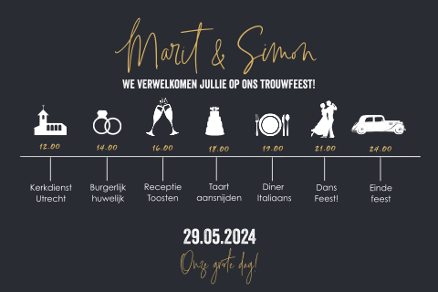 Moderne trouwkaart met tijdlijn en symbolen