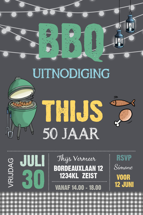 Hippe verjaardagsuitnodiging 50 jaar met barbecue en slingers