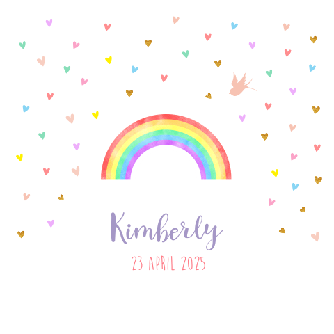 Romantisch geboortekaartje voor meisje met regenboog en hartjes