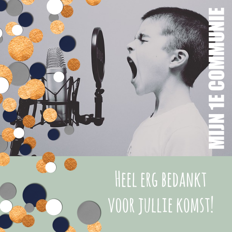 Bedankkaartje voor de communie met goudkleurige confetti en foto