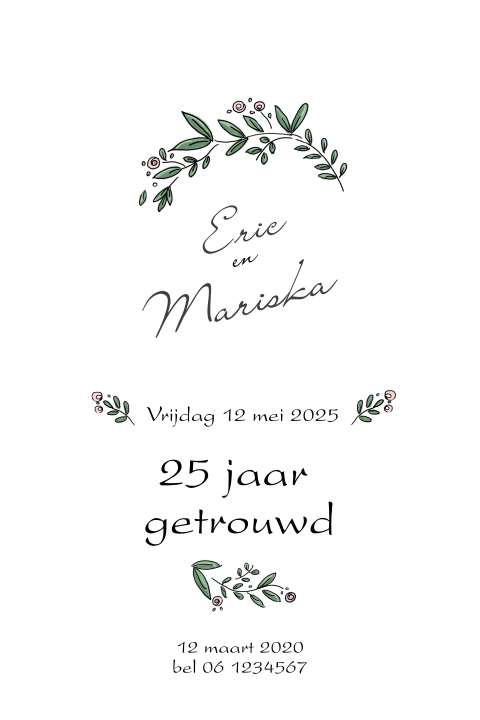 Staande jubileumkaart voor een 25 jaar huwelijk met takjes
