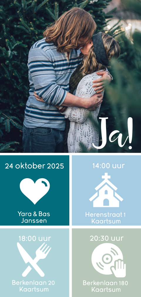 Vrolijke trouwkaart met foto en blauw groene vlakken en symbolen